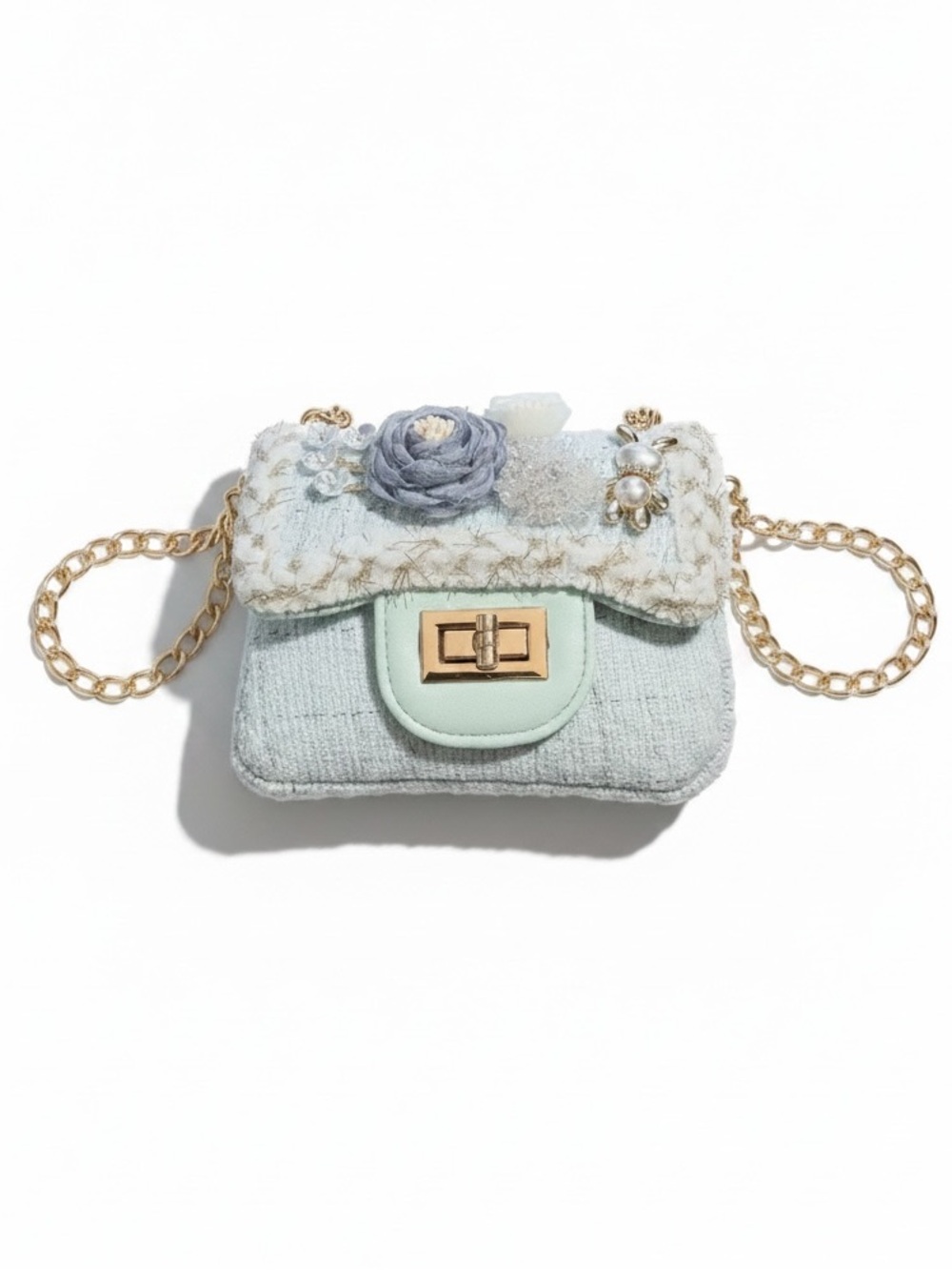 New Girls' Mint Tweed with Charms Mini Crossbody Shoulder Bag Purse Chain Strap